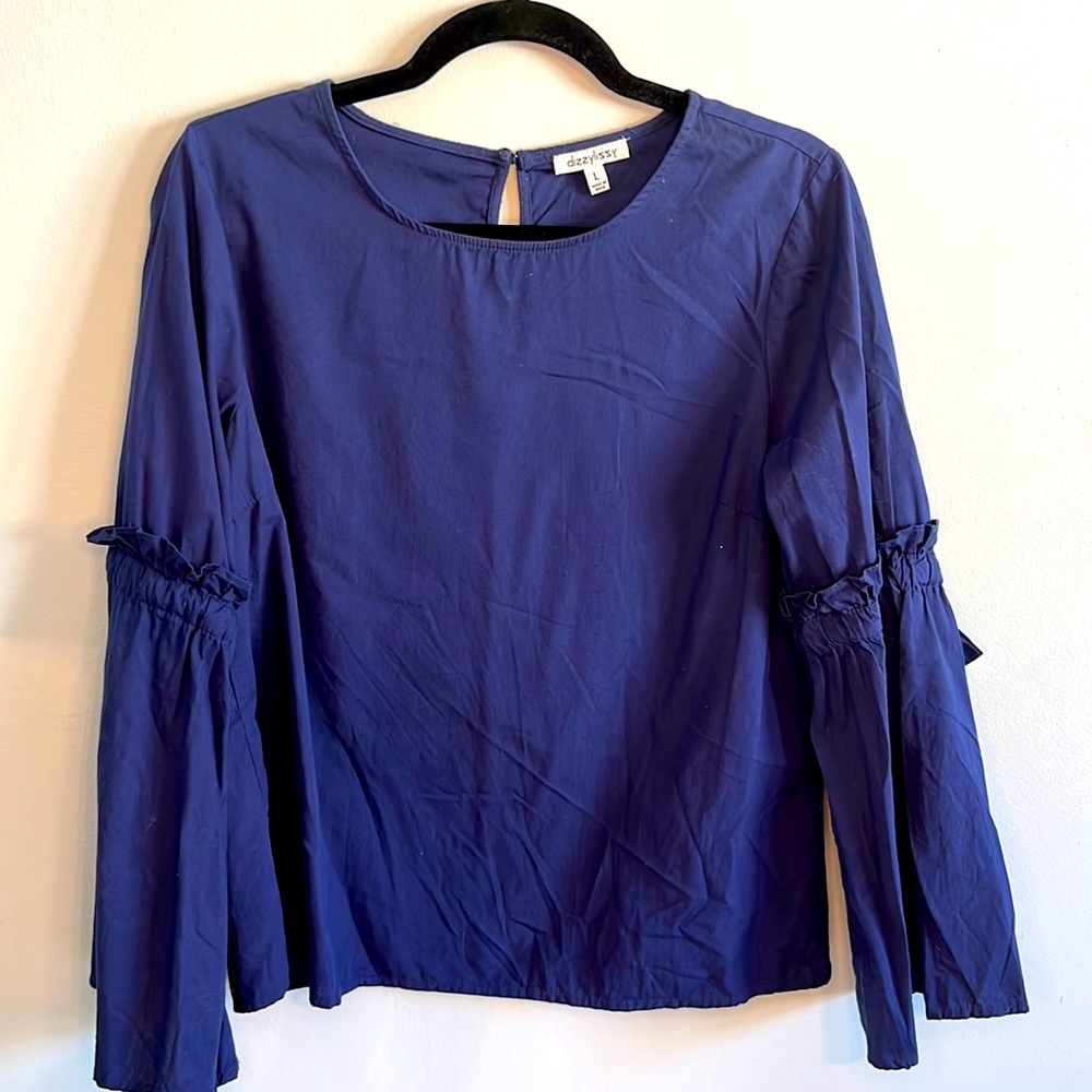 Dizzy Lizzy Navy Blue Bell Sleeve Blouse with Keyhole and Bows